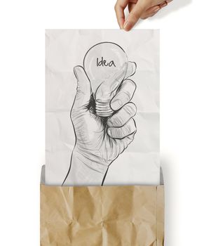 Hand drawn light bulb with IDEA word on crumpled paper as concept