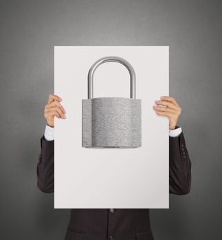 businessman hand showing poster of 3d metal padlock as security concept