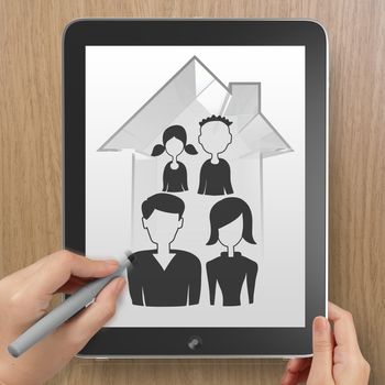 hand drawing 3d house wtih family icon on tablet computer as insurance concept