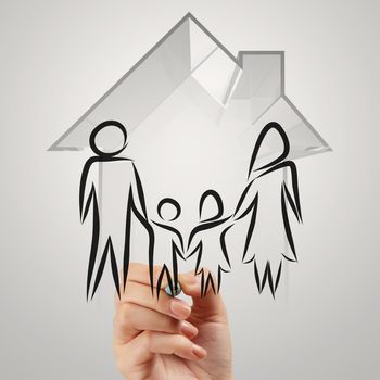 hand drawing 3d house wtih family icon as insurance concept