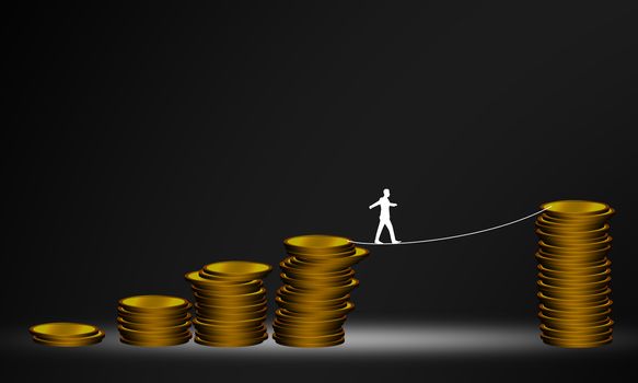 Man walk to higher column of money. Business success concept