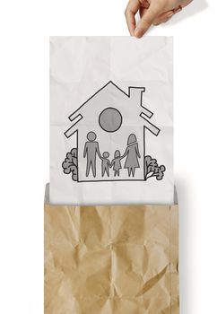 hand draw family and house on crumpled paper as insurance concept 