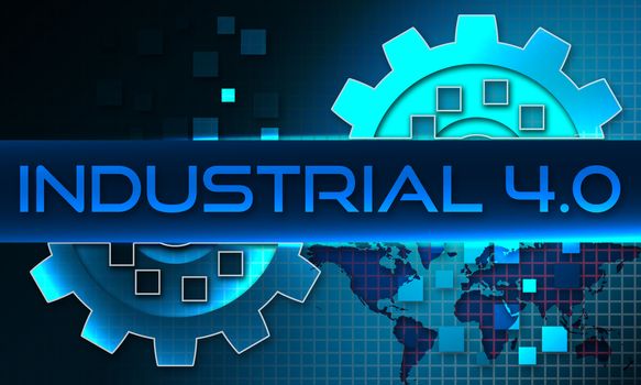 Industry 4.0 text on the mechanism of gears. Technology background, 3d rendering.