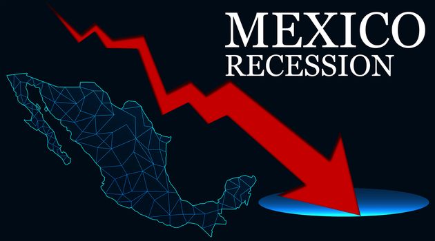 Mexico map with arrow indicated recession. 3d rendering