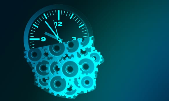 Human head with cogs and clock for business planning concept, 3d rendering.