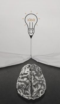pencil lightbulb draw rope open wrinkled paper show metal brain 3d with business strategy icons as concept 