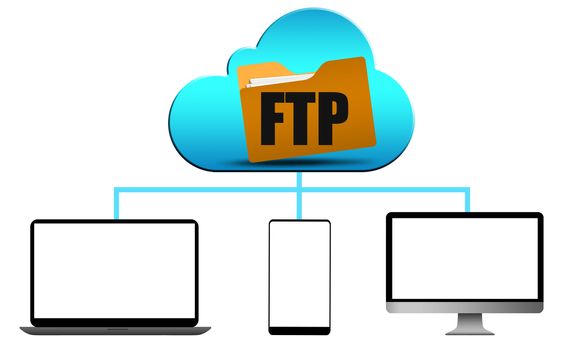 File transfer protocol concept with computing divices, 3d rendering