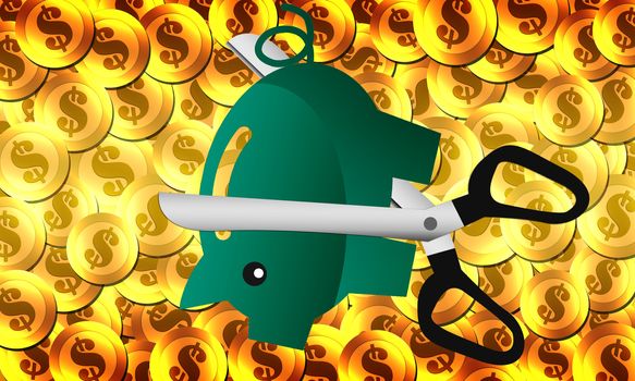 Scissors going through a piggy bank. 3d rendering