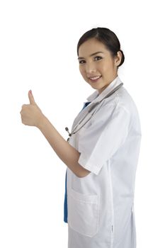 Side view of female doctor in uniform show her thumb up for excellence medical care service on white background.