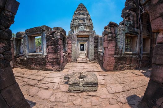 Front view of Prasat Hin Rock castle in Phimai Historical Park Nakonratchasima