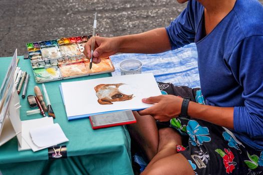 29 May 2016 : Artist street painter sketching a Dog portrait  on night Market street in KhonKaen Thailand at 29 May 2016