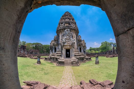 Front view of Prasat Hin Rock castle in Phimai Historical Park Nakonratchasima