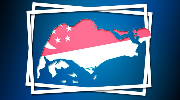 Map of Singapore land border with flag in white frames. 3d rendering