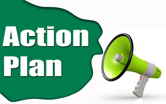 Action Plan word with megaphone, 3d rendering