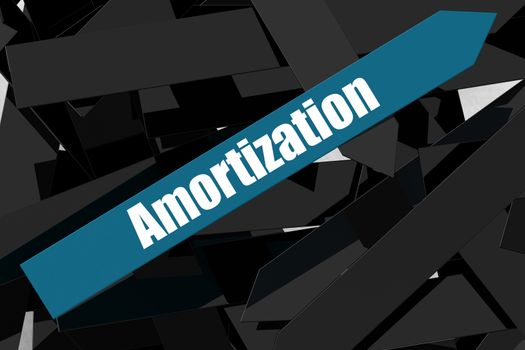 Amortization word on the blue arrow, 3D rendering