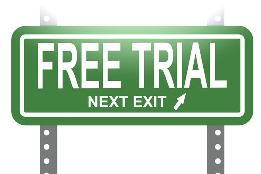 Free trial word with green sign board isolated , 3D rendering