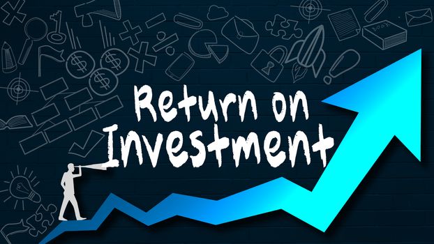 Return on investment word with blue arrow. 3d rendering