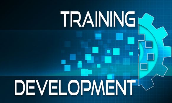 Training and development with blue digital cogwheels, 3d rendering.