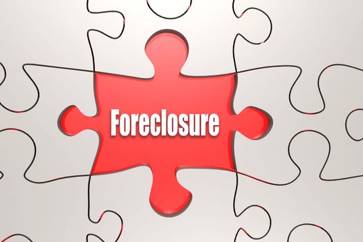 Foreclosure word on jigsaw puzzle, 3D rendering