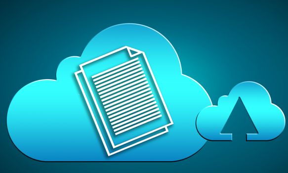 Cloub computing with blue cloud icon and white line text document, 3d rendering