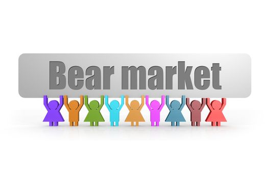 Bear market word on a banner hold by group of puppets, 3D rendering