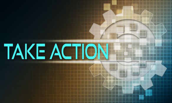 Take action concept text on the mechanism of gears. Technology background, 3d rendering.