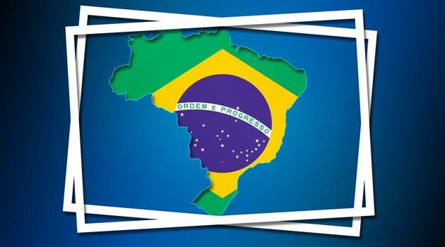 Map of Brazil land border with flag in white frames. 3d rendering
