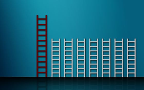 Red ladder among others white ladders, 3d rendering