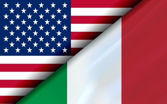 Flags of the USA and Italy divided diagonally. 3D rendering