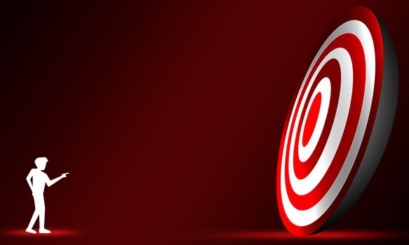 Man pointing to center of target for success, 3d rendering