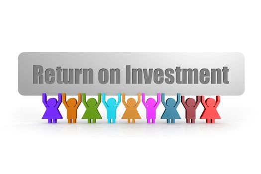 Return on Investment word on a banner hold by group of puppets, 3D rendering
