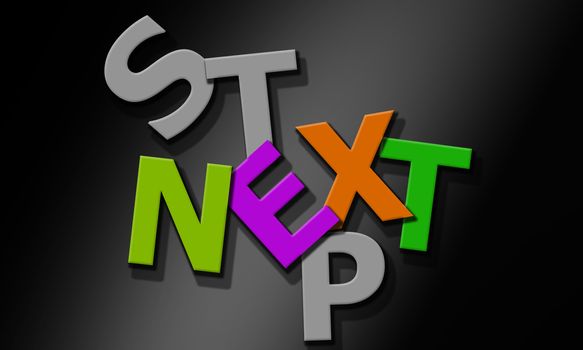 Next step word composed of multicolored alphabet, 3d rendering