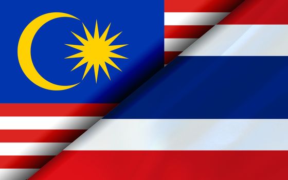 Flags of the Malaysia and Thailand divided diagonally. 3D rendering
