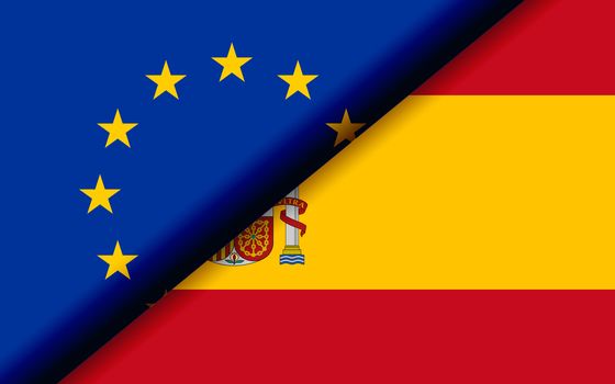 Flags of the EU and Spain divided diagonally. 3D rendering
