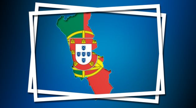 Map of Portugal land border with flag in white frames. 3d rendering