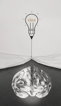 3d metal brain on paper with opening crumpled paper as concept