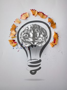 hand drawn light bulb with pencil saw dust and 3d brain icon on paper background as creative concept 