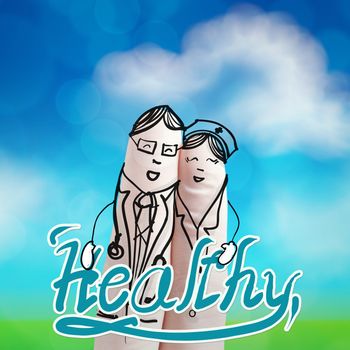 lovely couple hand drawn and finger,doctor and nurse with green nature background as concept 