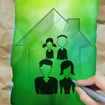 hand drawing 3d house with family icon as insurance concept 