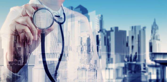 Double exposure of smart medical doctor working with abstract city as concept 