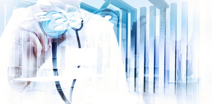 Double exposure of smart medical doctor working with abstract city as concept 