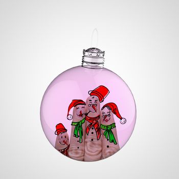 A lovely family hand drawn and finger of snowmen inside of christmas ball