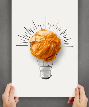 hand drawn light bulb with crumpled paper ball on paper poster as creative concept