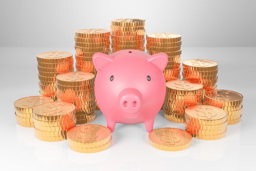 Pink piggy bank and many Golden coins tower on white background.3d model and illustration.