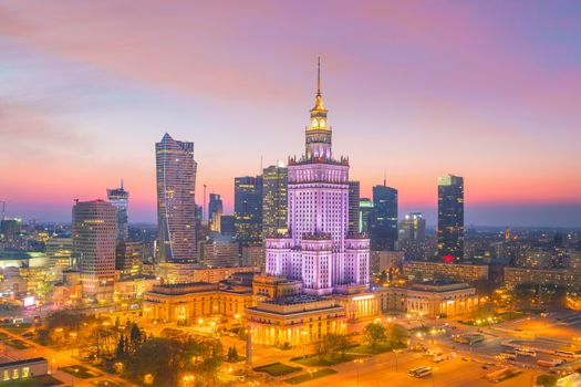 Aerial photo of  Warsaw city skyline in Poland at sunset