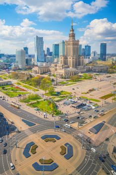 Aerial photo of  Warsaw city skyline in Poland 