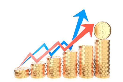 Golden coin stack and finance graph chart on white background., Money saving and investment concept and saving ideas and financial growth.3d model and illustration.