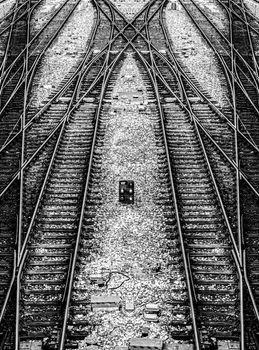 Black and white picture of railway tracks at Vienna West Station