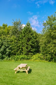 Recreation area with picnic tables on green lawn in a park