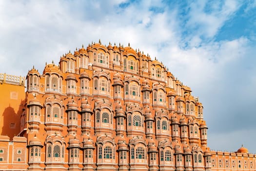 Hawa Mahal on a sunny day, Jaipur, Rajasthan, India. An UNESCO World heritage. Beautiful window architectural element.